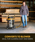 14 Gallon Wet And Dry Shop Vacuum With 65 Peak Horsepower Motor And Stainless Steel Tank Featuring Eighteen Accessories Plus Onboard Storage For Beast Mode Mess Clean Up Projects in use as a blower.