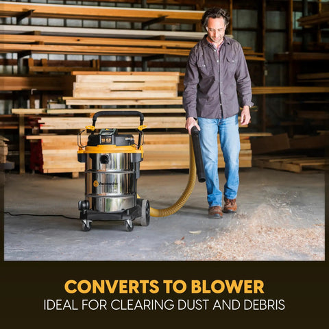 14 Gallon Wet And Dry Shop Vacuum With 65 Peak Horsepower Motor And Stainless Steel Tank Featuring Eighteen Accessories Plus Onboard Storage For Beast Mode Mess Clean Up Projects in use as a blower.