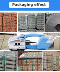 Rock Solid Electric Strapping Machine with packed boxes, wood bundles, and materials, showcasing its packaging efficiency.
