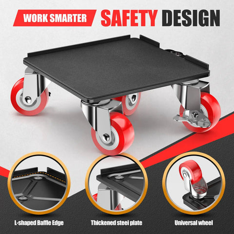 Heavy Duty Five Wheel Furniture Dollies Rocking 1500 Pound Capacity Industrial Carbon Steel Base Smooth Glide Wheels close up with red wheels.