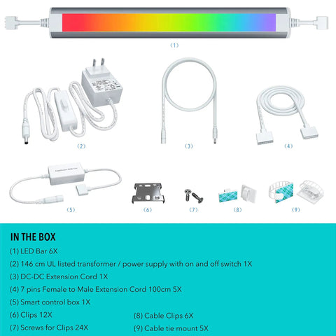 Contents of Under Cabinet RGB LED Strip Lights With Dimmable White And Color Voice Control With Alexa And Google Home Smart App Remote Kit