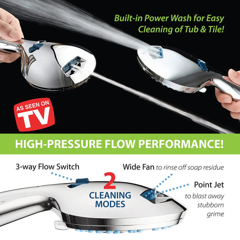High Pressure Shower Head Combo With Rain And Handheld Modes Anti Clog Nozzles Extra Long Six Foot Hose 3 Way Water Flow