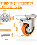 Heavy Duty Five Inch Polyurethane Caster Wheels With Rock Solid Dual Lock Brakes And Slick 360 Degree Swivel with dimensions.
