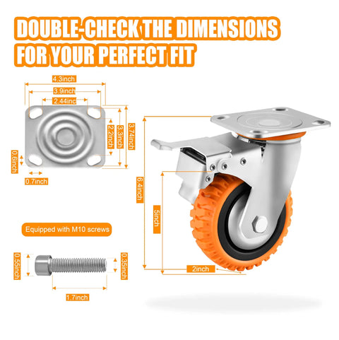 Heavy Duty Five Inch Polyurethane Caster Wheels With Rock Solid Dual Lock Brakes And Slick 360 Degree Swivel with dimensions.