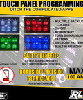 8 Gang 12V Switch Panel With Programmable RGBW LED showing various backlight colors and settings options for easy programming.