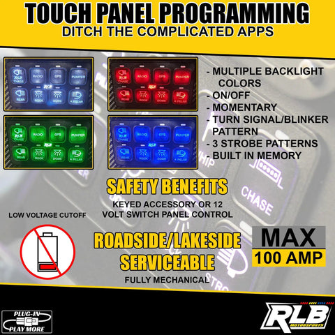 8 Gang 12V Switch Panel With Programmable RGBW LED showing various backlight colors and settings options for easy programming.