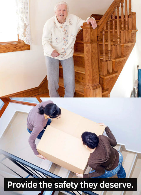 Elderly woman on stairs and two people carrying box using 6x30 Inch Clear Non Slip Stair Treads Tape 14 Pack for indoor safety