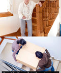 Elderly woman on wooden stairs and two people carrying a box on stairs, Pre Cut 32x4 Non Slip Stair Tape Bundle Fifteen Clear Anti Slip Indoor Outdoor Stair Strips For Extra Home Safety And Traction For Elders Kids And Pets In High Traffic Areas visible.