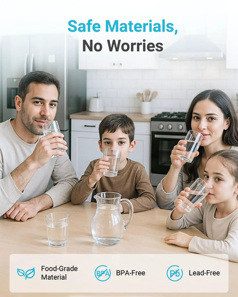 Family drinking clean water in kitchen, highlighting Water Filter Replacement For InSinkErator F 1000 F 2000 And F 3000 with Activated Carbon Block.