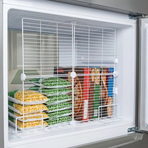 Heavy Duty Adjustable Freezer Dividers For Upright Fridge, white wire partition with frozen foods organized.