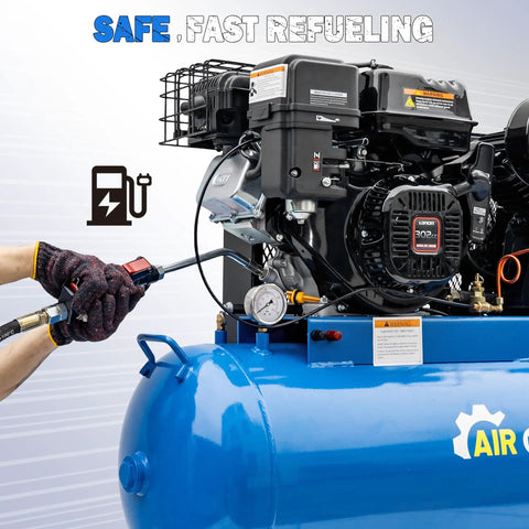 Heavy Duty 9HP Gas Air Compressor With 40 Gallon ASME Tank. High Performance 21 CFM Flow At 175 PSI For Jobsite Demands. Features Electric Start, 302CC Engine, Two Cylinder Pump Head, Dual Tank Design, And Powerful Output Port For Heavy Tools