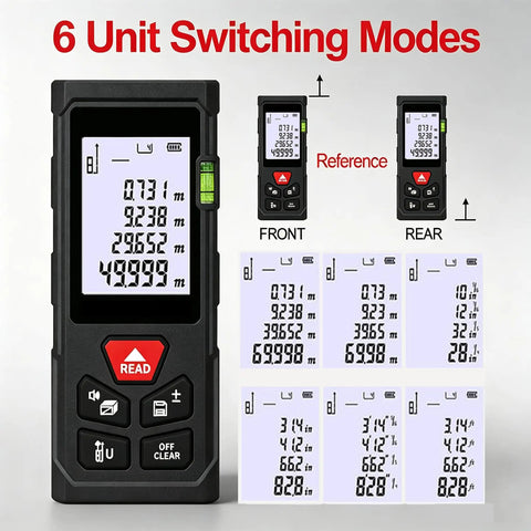Solid Workhorse Laser Distance Meter With Zero Sweat Measurements Up To Three Twenty Eight Feet And Hella Accurate Plus Two Mm Precision showing 6 unit switching modes and display.