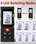Laser Distance Meter 50m/164ft showing 6 unit switching modes on LCD display with backlit and bubble level feature.