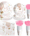 Pink Hot Air Balloon Baby Shower Tableware Set Disposable For Girly Baby Shower Decor Includes Plates Cups Napkins And Cutlery