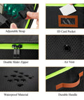 Close-up details of Double Layer Golf Trunk Organizer with waterproof material, ID pocket, and air vent, black and green.