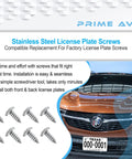 Stainless Steel License Plate Screws Kit For Front And Rear No Rust Easy Install Rattle Proof Fasteners That Keep Plates Secure Compatible With Buick Cadillac Chevrolet GMC with car illustration