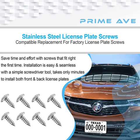 Stainless Steel License Plate Screws Kit For Front And Rear No Rust Easy Install Rattle Proof Fasteners That Keep Plates Secure Compatible With Buick Cadillac Chevrolet GMC with car illustration