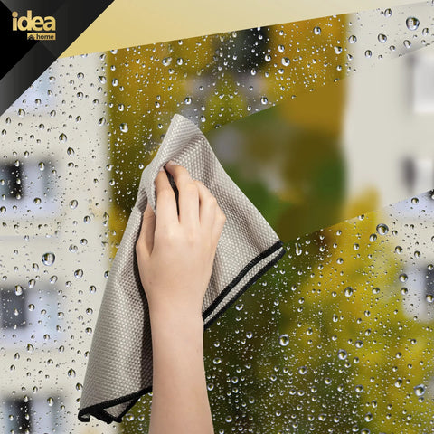 Idea Home premium microfiber cleaning cloth, large 16 x 24, gray, 2-pack, hand wiping glass surface.
