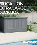 200 Gallon All Weather Patio Deck Box With Lockable Lid in Dove Gray placed on patio near poolside