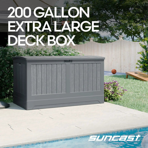 200 Gallon All Weather Patio Deck Box With Lockable Lid in Dove Gray placed on patio near poolside
