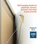 100 Lb Picture Hanging Hooks Set Heavy Duty Picture Hangers with wire attached to wall-mounted frame corner.