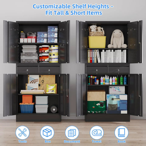 Heavy Duty Metal Garage Cabinet With Dual Drawers And Precision Glide Locking Casters Hella Rugged Rolling Tool Chest showing organized shelves with tools and containers.