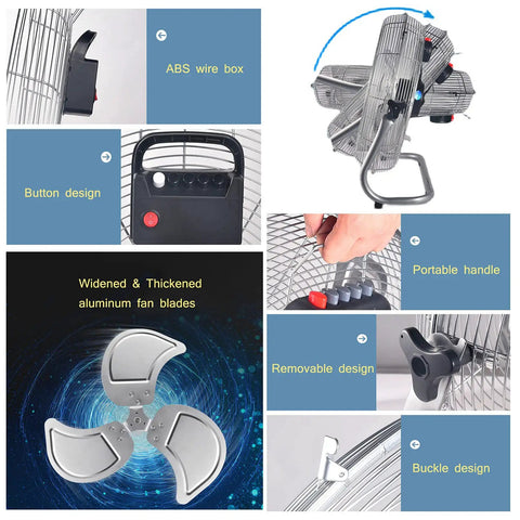 Heavy Duty Standing Fan With Badass Cooling Power And Smooth Airflow Design Crushing Summer Heat For Bedrooms Garages Workshops Warehouses Or Home Gyms In Matte Black, showcasing ABS wire box, button design, aluminum fan blades, portable handle.