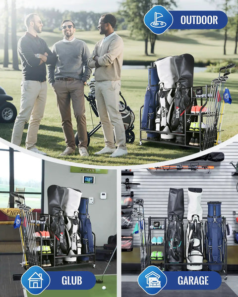 Boss Level Extra Large Golf Bag Storage Organizer showcasing 3 full size bags, 3 tier shoe racks, 4 hooks in outdoor, club, garage settings.