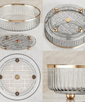 Clear Lazy Susan Turntable Organizer For Kitchen And Pantry, 11 Inch Rotating Storage Rack with gold accents, top and side view