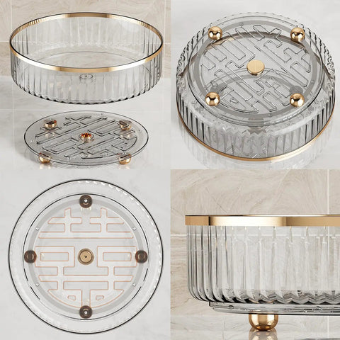 Clear Lazy Susan Turntable Organizer For Kitchen And Pantry, 11 Inch Rotating Storage Rack with gold accents, top and side view