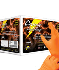 Box and hand wearing Orange Lightning Gloves OR-L Large Work-Ready For Industrial Medical Food Service And General Use