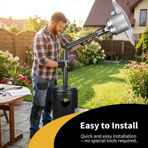 Man assembling 50,000 BTU Outdoor Propane Patio Heater With Wheels, Durable Powder Coated Steel, Quick Ignition And Safety Shutoff