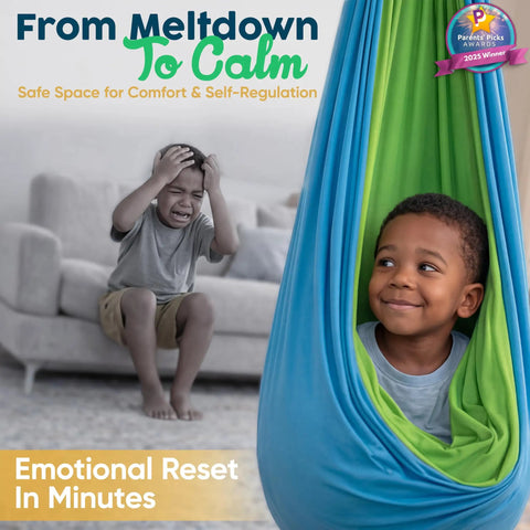 Indoor Outdoor Kid Sensory Swing With Calming Cocoon Hug Hammock, soothing space for child's emotional reset