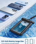 IP68 Floating Waterproof Phone Pouch Two Pack with lanyard floating in pool with iPhone and Galaxy phone lineup nearby.