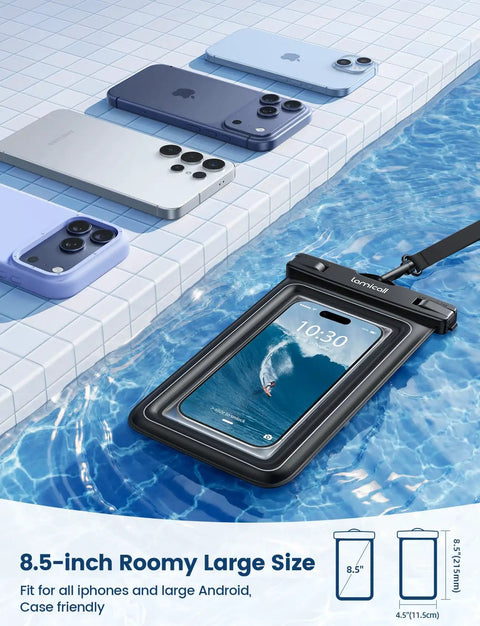 IP68 Floating Waterproof Phone Pouch Two Pack with lanyard floating in pool with iPhone and Galaxy phone lineup nearby.
