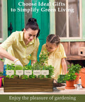 Indoor Herb Garden Starter Kit With Wooden Box Planter Includes Basil Parsley Rosemary Thyme Mint Seeds Plus Coconut Soil Discs Five Burlap Bags Five Plant Markers Three Gardening Tools Pruning Scissors And Spray Bottle A Perfect Gift For Mom viewed on a table with people gardening