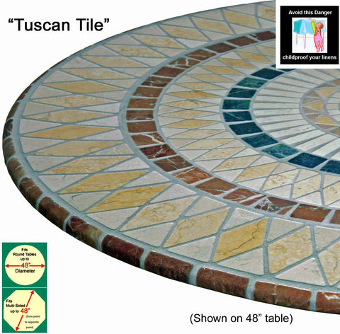 Elastic Edge Round Vinyl Table Cover 36 To 48 Inch Fits Round Tables With A Stretchy Edge, Tuscan Tile Pattern, shown on 48 inch table