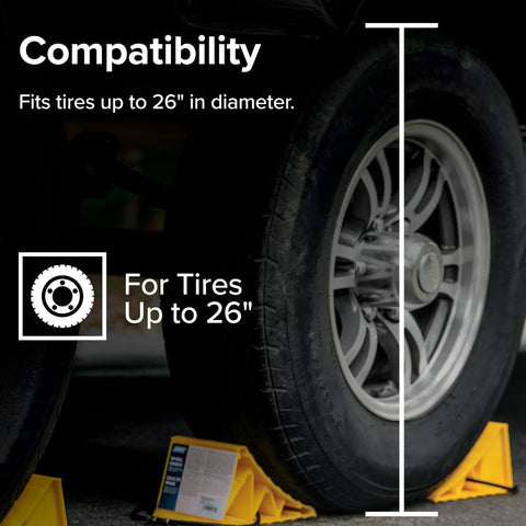 Camper/RV wheel chocks, yellow molded plastic, 2-pack, for tires up to 26 inches.