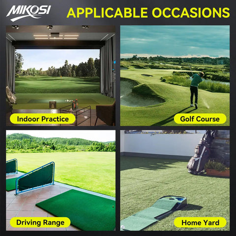 Indoor practice, golf course, driving range, and home yard setups for Golf Grip Trainer And Swing Training Aid For Warm Up And Tempo Control