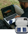 Person using laptop with Go To Carrying Case For Samsung T9 T7 T7 Shield Portable SSD 1TB 2TB 4TB, travel pouch shown open.