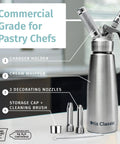 304 Stainless Steel Whipped Cream Dispenser 500ml With 3 Decorating Nozzles, shown with accessories for pastry chefs use.