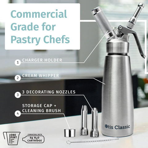 304 Stainless Steel Whipped Cream Dispenser 500ml With 3 Decorating Nozzles, shown with accessories for pastry chefs use.