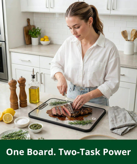 Massive Double Sided Cutting Board With Deep Juice Groove Hella Tough Titanium And Food Grade Plastic Prep Side For Steaks Cheese Produce Kitchen Chopping Tray with meat prep.