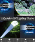 Rechargeable LED Flashlight 80000 Lumens Ultra Bright Handheld showing wide and narrow beam modes for outdoor use