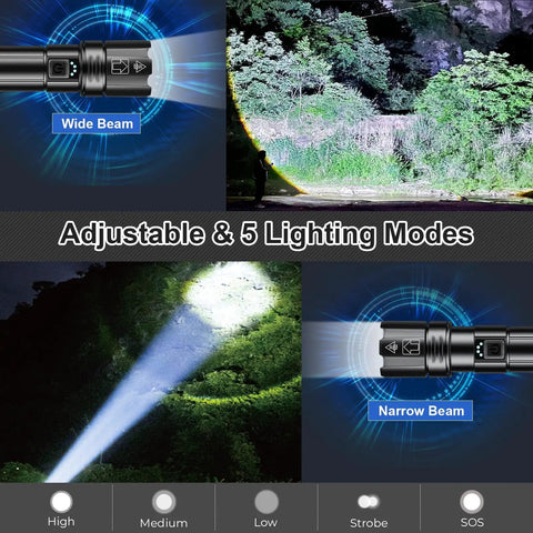 Rechargeable LED Flashlight 80000 Lumens Ultra Bright Handheld showing wide and narrow beam modes for outdoor use