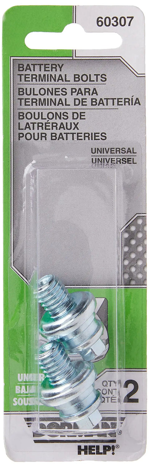 Heavy Duty Side Battery Terminal Bolts 3/8 16 Thread 1 1/8 Inch Long Straight Swap Genuine Steel Pair in packaging.