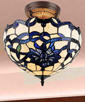 Vayne Blue And White Stained Glass Bowl Shade Two Light Tiffany Style Semi Flush Mount Ceiling Light With Bronze Finish