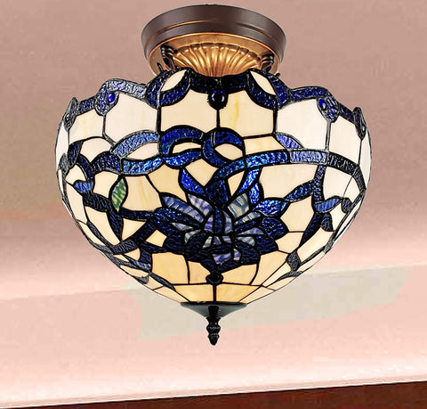 Vayne Blue And White Stained Glass Bowl Shade Two Light Tiffany Style Semi Flush Mount Ceiling Light With Bronze Finish