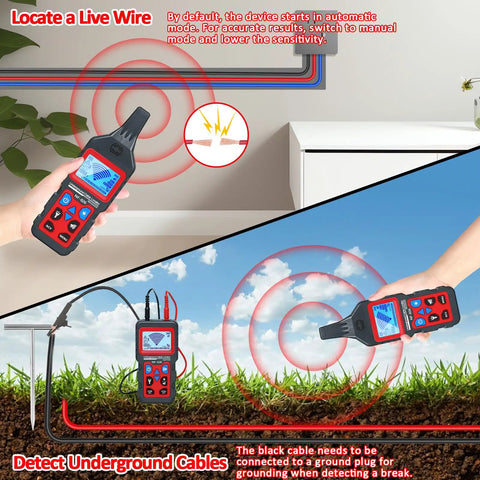 Underground Cable Locator and Wire Tracker NF826 for Dog Fence Cables demonstrating detection of hidden wires indoors and underground.