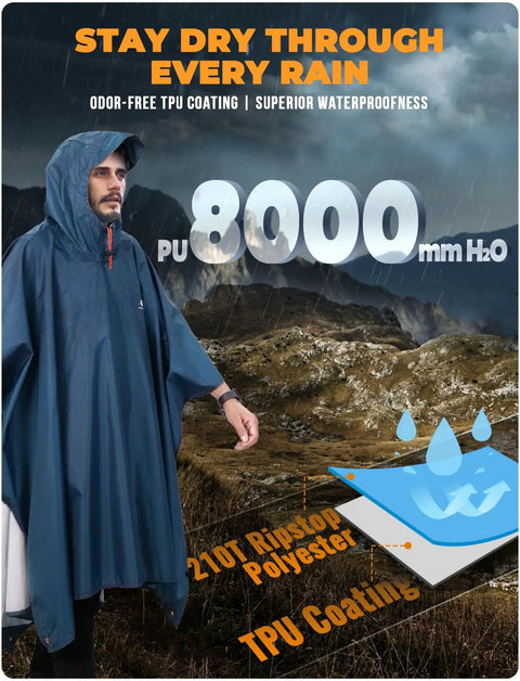 Hooded Rain Poncho For Adults Waterproof Lightweight Rain Jacket For Men And Women Reusable Emergency Camping Gear Sea Blue One Size With Sealed Seams And TPU Coating shown